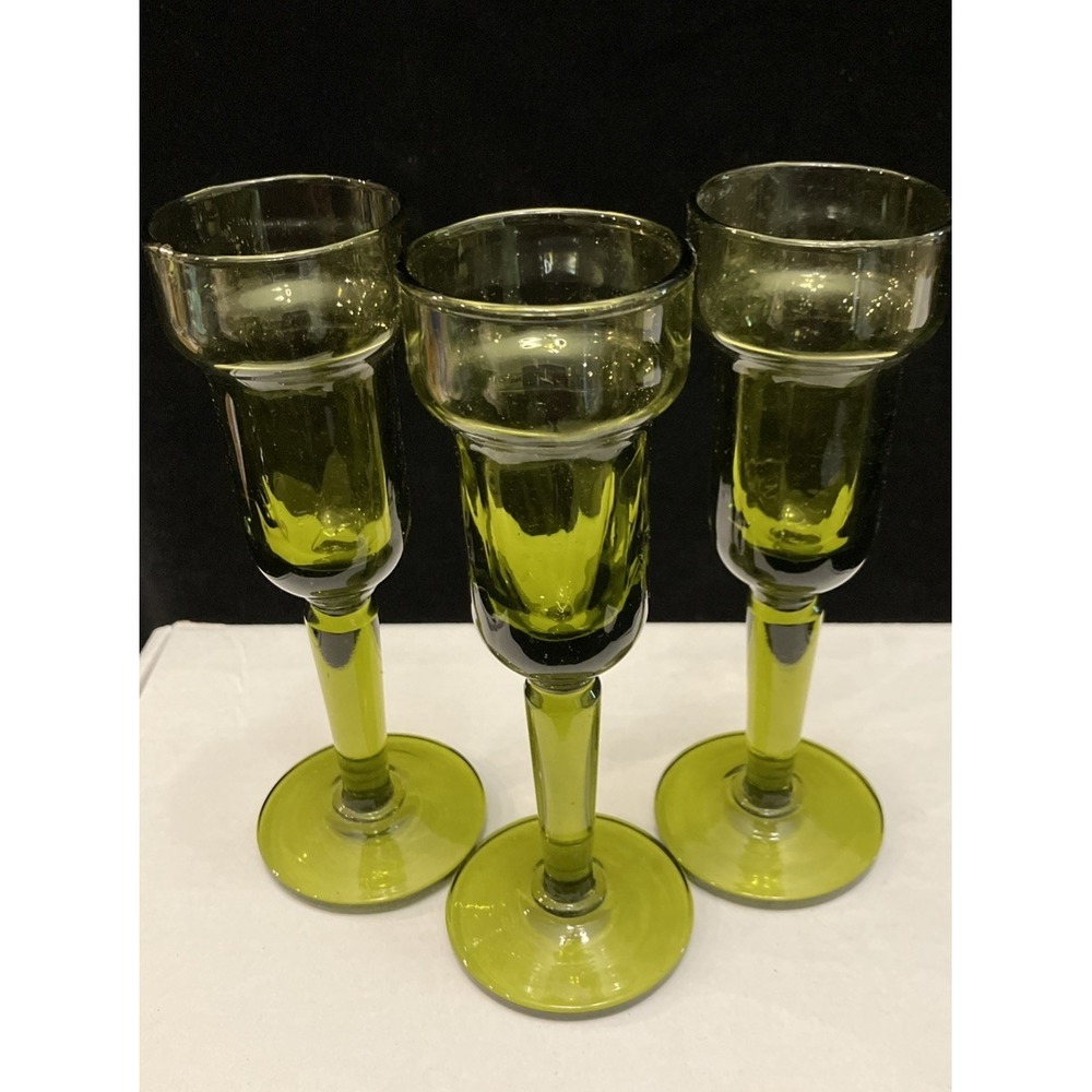 VTG 1970s Olive Avocado Green Glass Stemware Set Of 3 MCM Cordial Barware